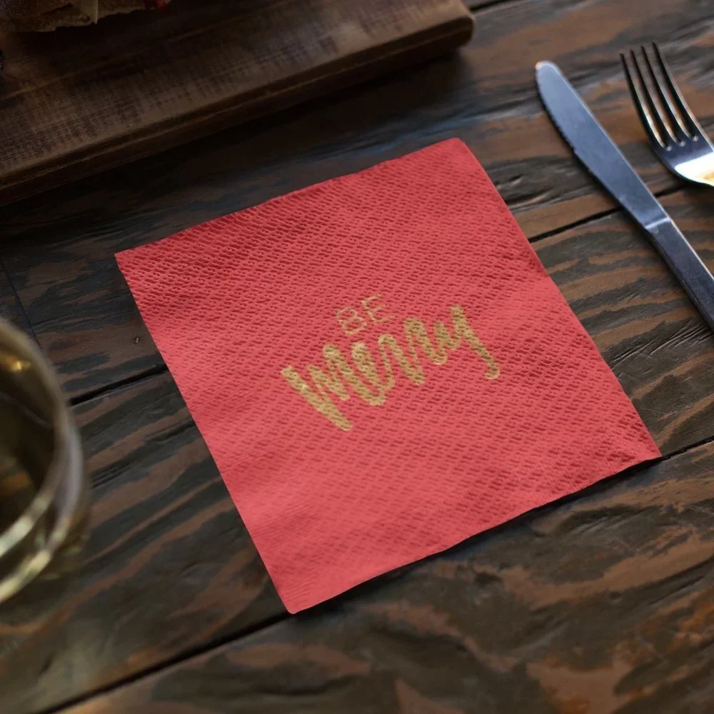 30ct Be Merry Napkins - Red and Gold Script